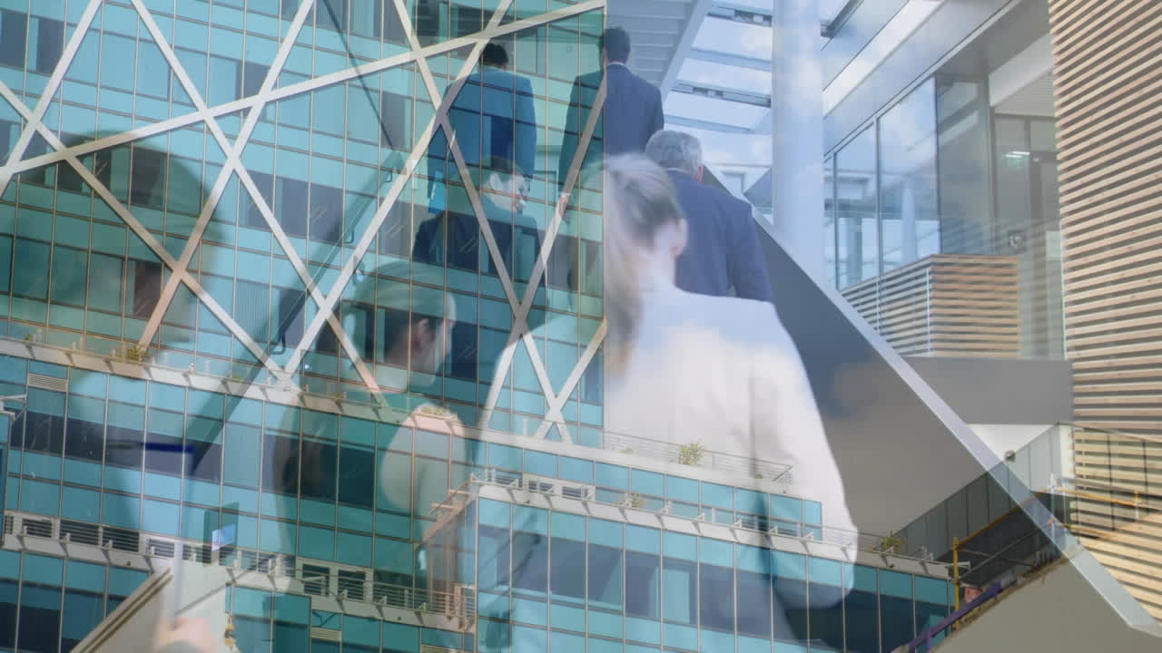 animación de un edificio de oficinas sobre personas de negocios hablando en una oficina moderna