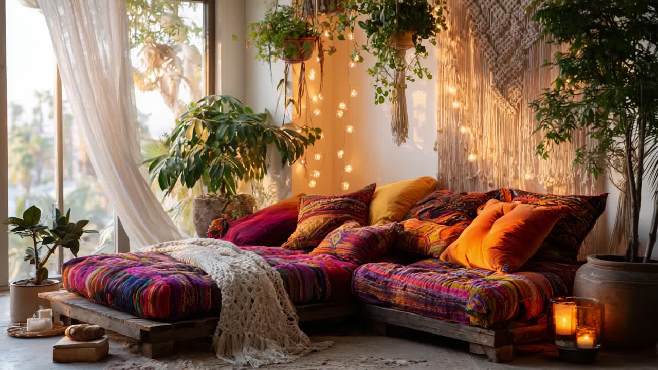 Cozy and Colorful Living Room Setup with Vibrant Textiles, Soft Lighting, and Lush Plants Creating a Warm and Inviting Atmosphere for Relaxation and Comfort