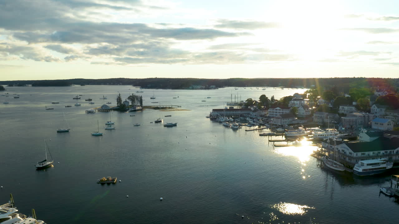 Gorgeous fly-over shot of the Harbor in Boothbay, Maine.
