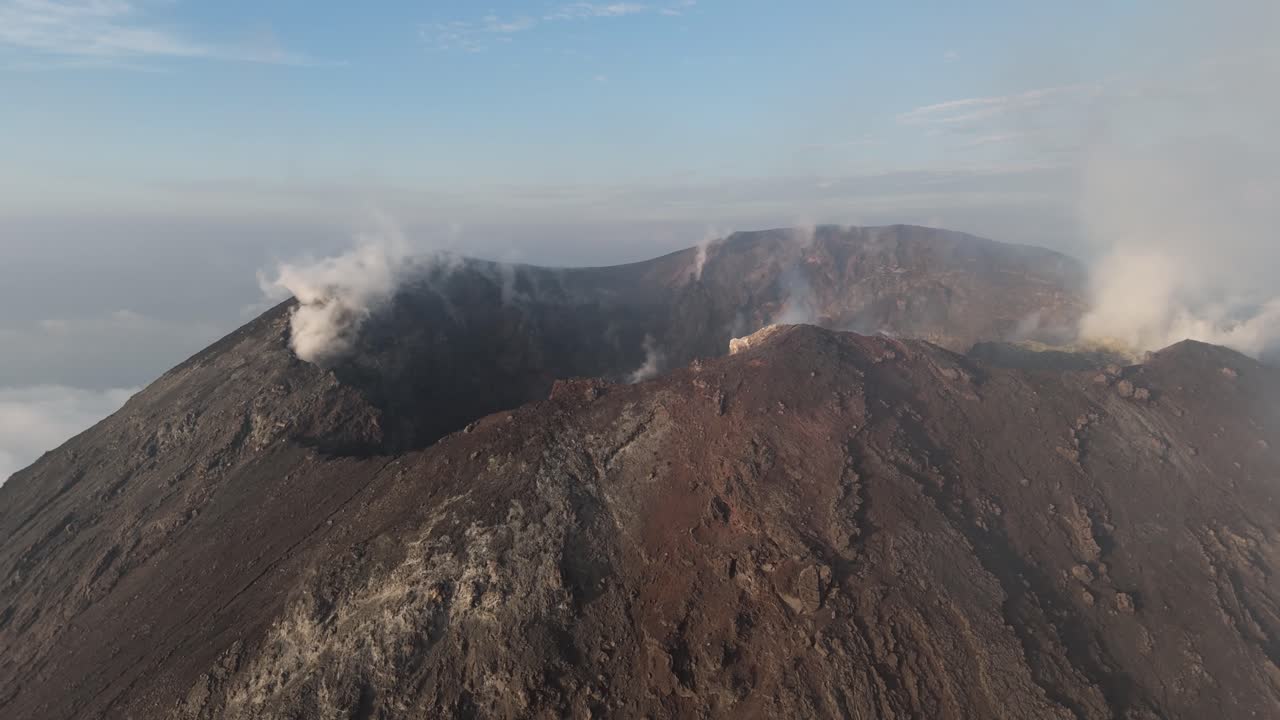 Volcano Pacaya, Guatemala, close up drone shot of crater on sunny day