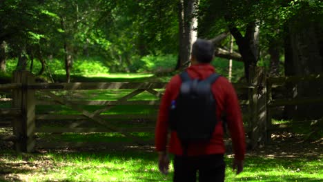 Excursionista-Abriendo-Y-Cerrando-La-Puerta-En-Un-Sendero-Escénico-Del-Bosque