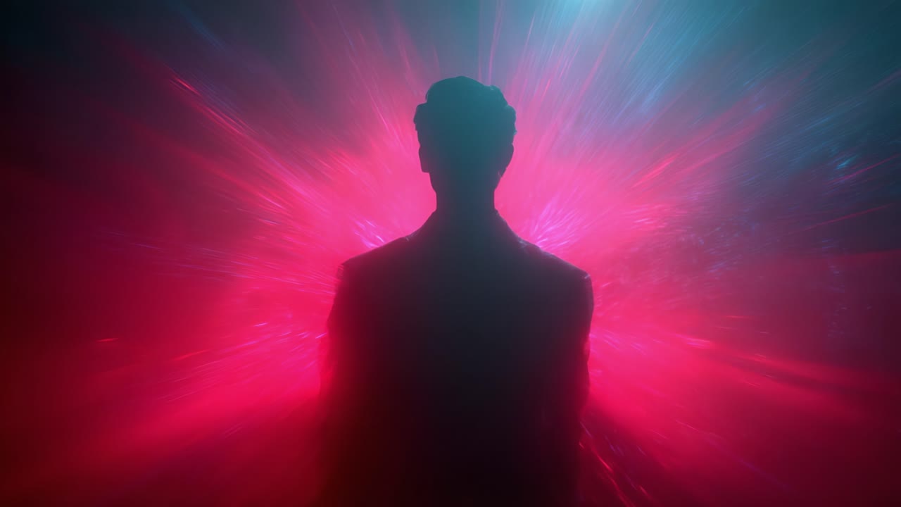 A captivating visual journey through vibrant neon colors and dynamic lighting, depicting a figure enveloped in swirling patterns that create a mesmerizing atmosphere of intrigue and wonder