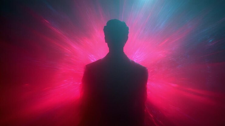 Un affascinante viaggio visivo attraverso vivaci colori neon e un'illuminazione dinamica, che raffigura una figura avvolta in motivi turbinanti che creano un'atmosfera incantevole di mistero e meraviglia
