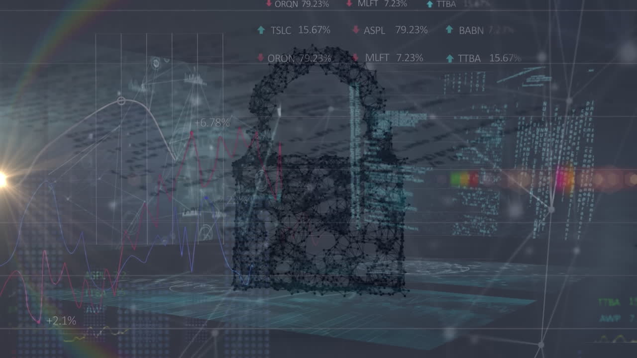 Animation of data processing, digital padlock and light in grey space