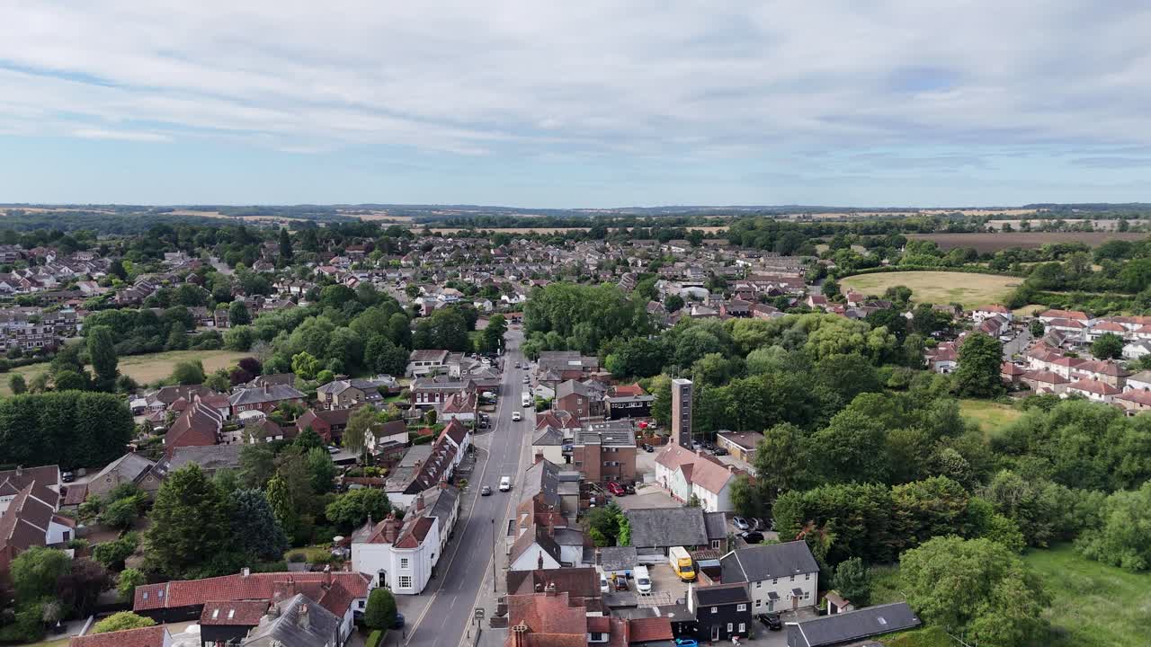 Ongar Essex UK high street Panning drone aerial