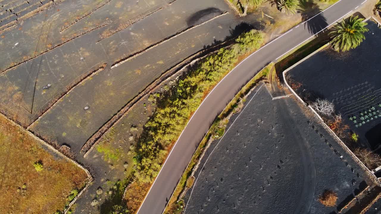 lanzarote 섬의 열대 풍경을 통해 이어지는 아스팔트 도로, 공중 하향식 전망