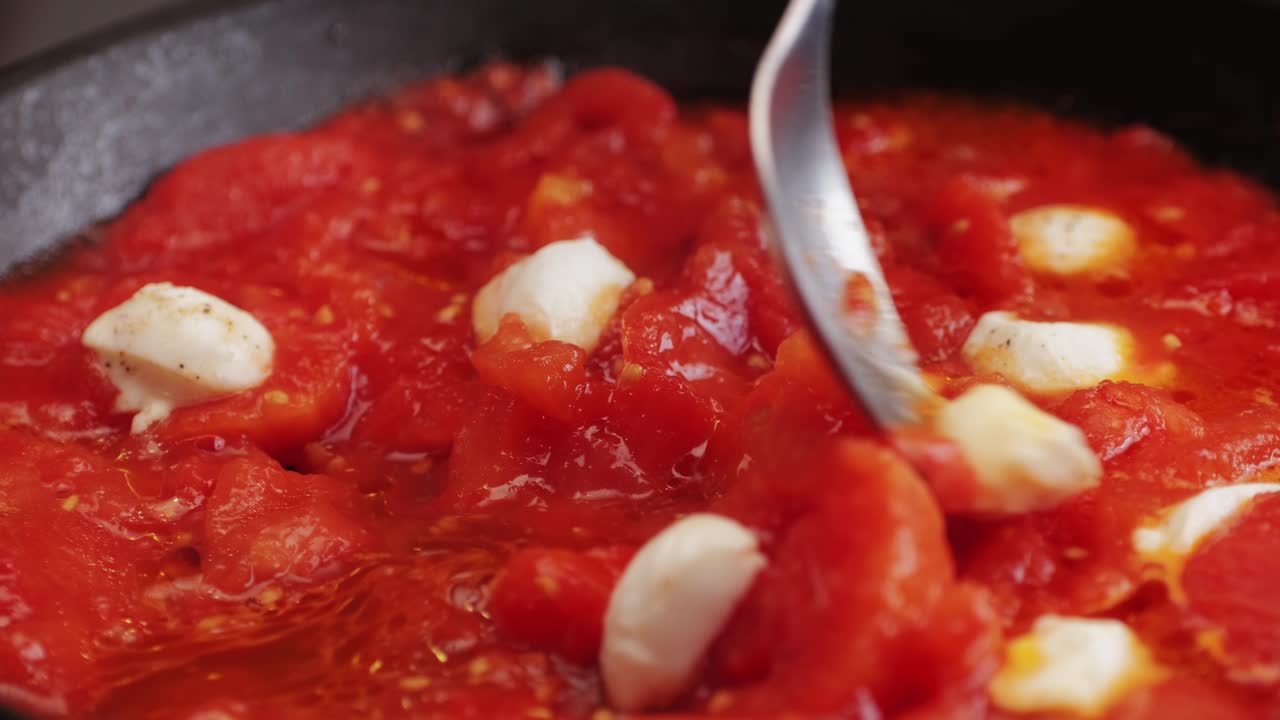 Cooking fresh peeled canned tomato Juice sauce with mozzarella cheese in pan, peeled tomatoes boiling in their own juice, making tomatoes pasta sauce .Top view close up, Italian traditional cuisine food.