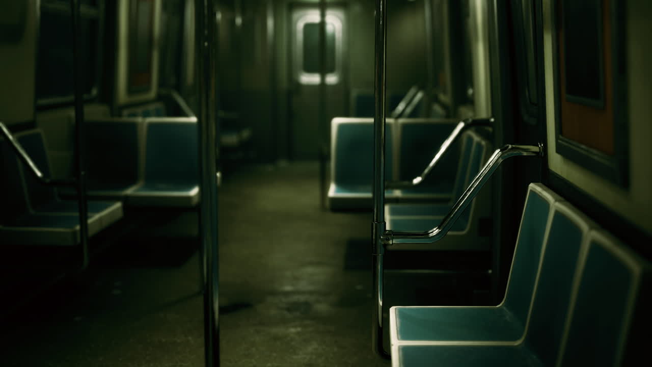Empty subway train with blue seats during late night hours