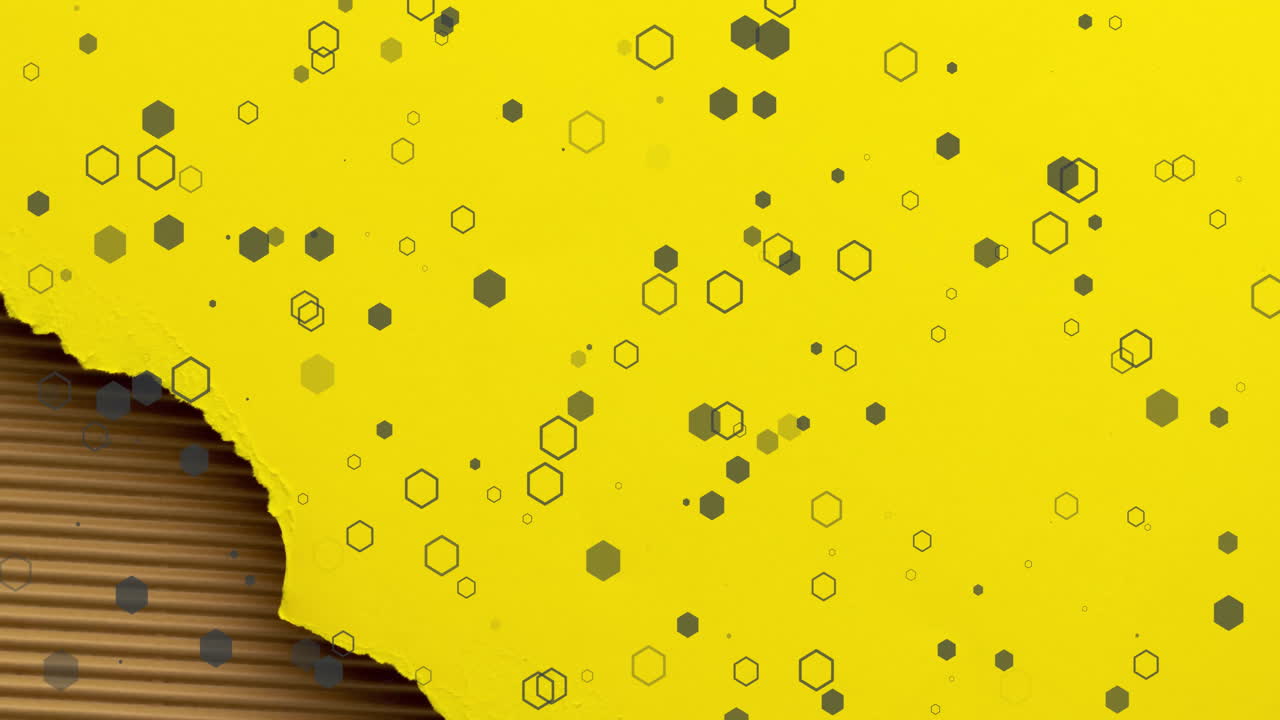 Animation of grey spots, rings and hexagons over colourful ripped paper textures