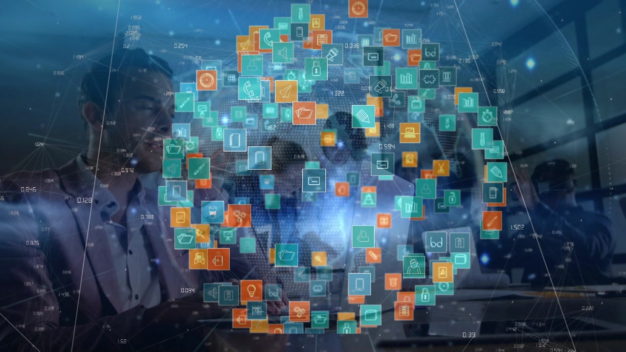 Animation of network of connections with icons over diverse business people in office