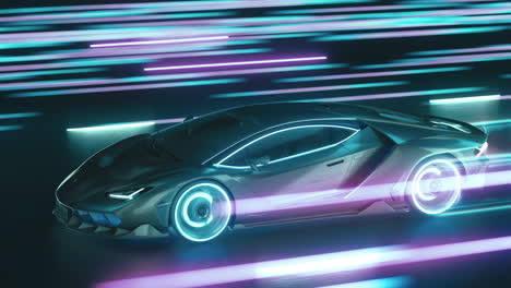 sports cyber neon car rushes along the night road with neon lights at high speed