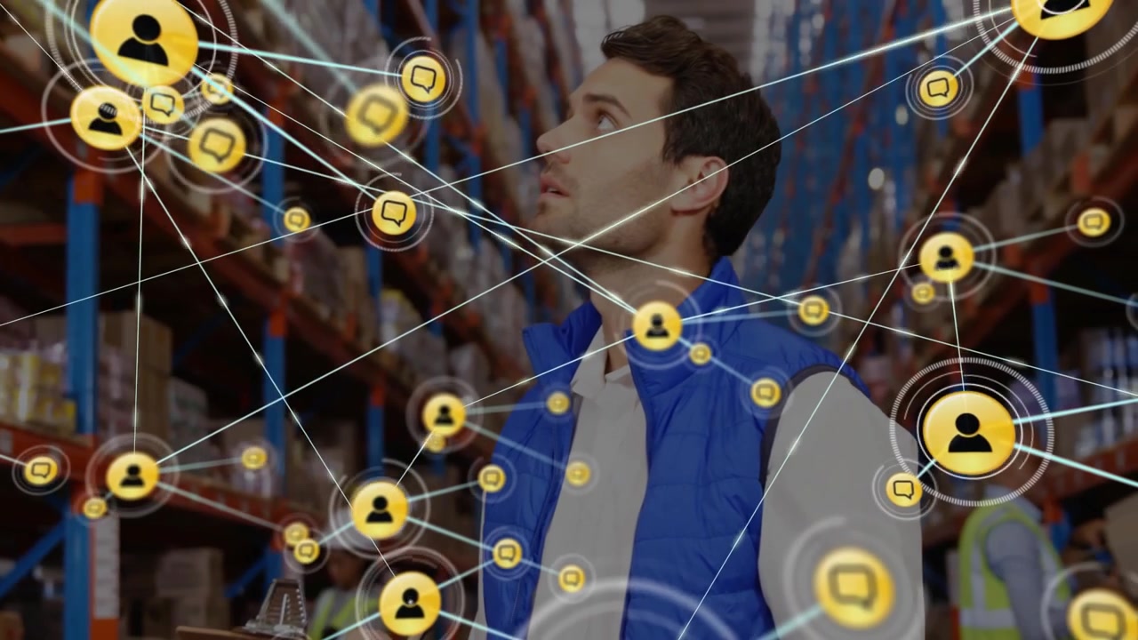 Warehouse worker standing among racks, showing logistics network icons linking inventory data