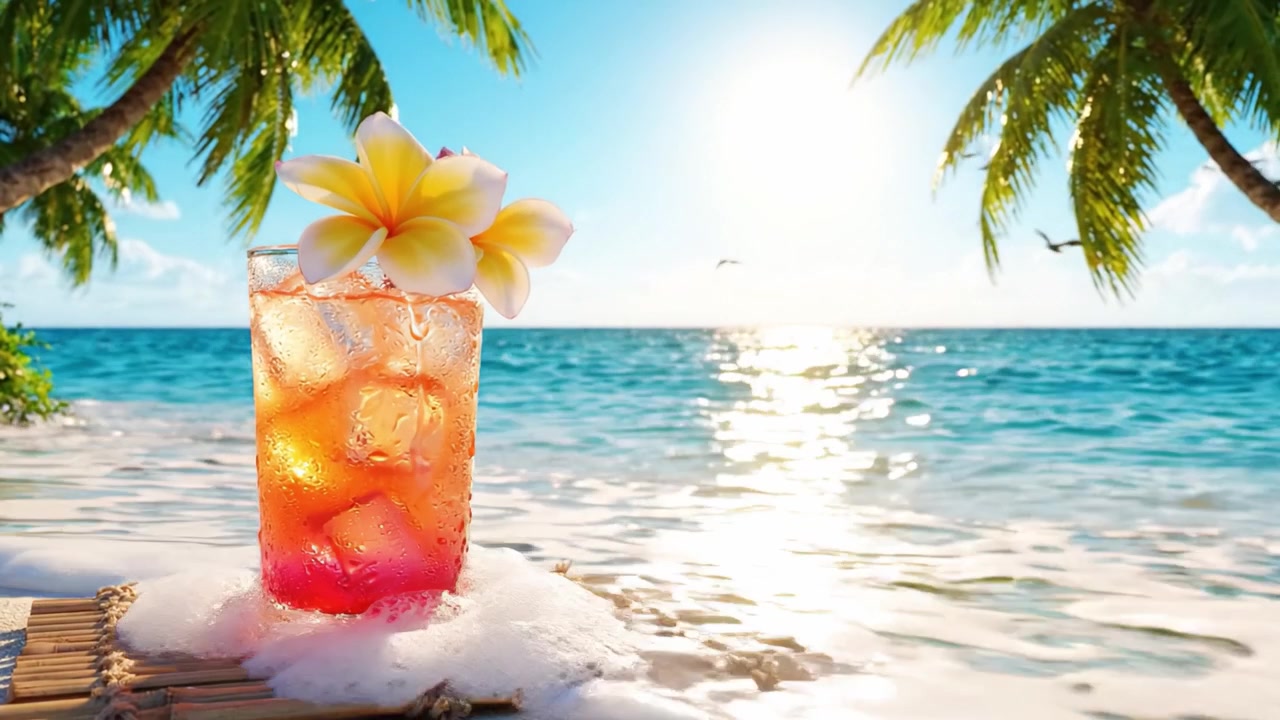 En forfriskende tropisk cocktail med en plumeriablomst, satt mot en vakker solnedgang på en rolig strand med palmetrær og milde bølger