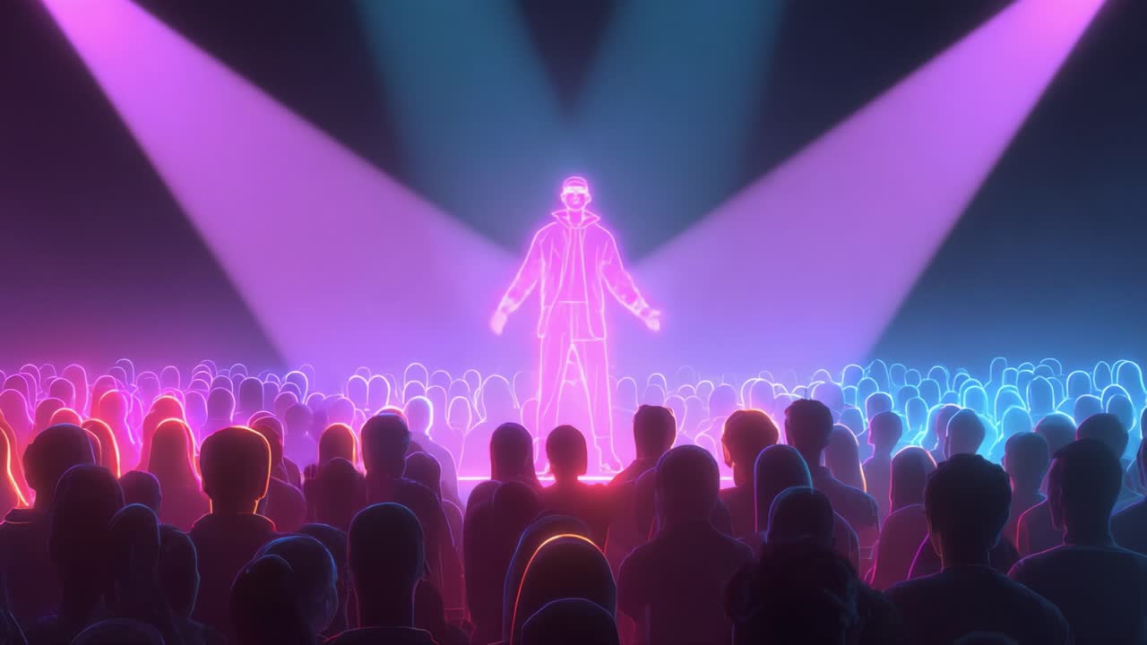 A captivating digital performance featuring a neon-illuminated figure standing on stage, engaging a sea of diverse audience members illuminated by vibrant lights, creating an immersive atmosphere of excitement and intrigue