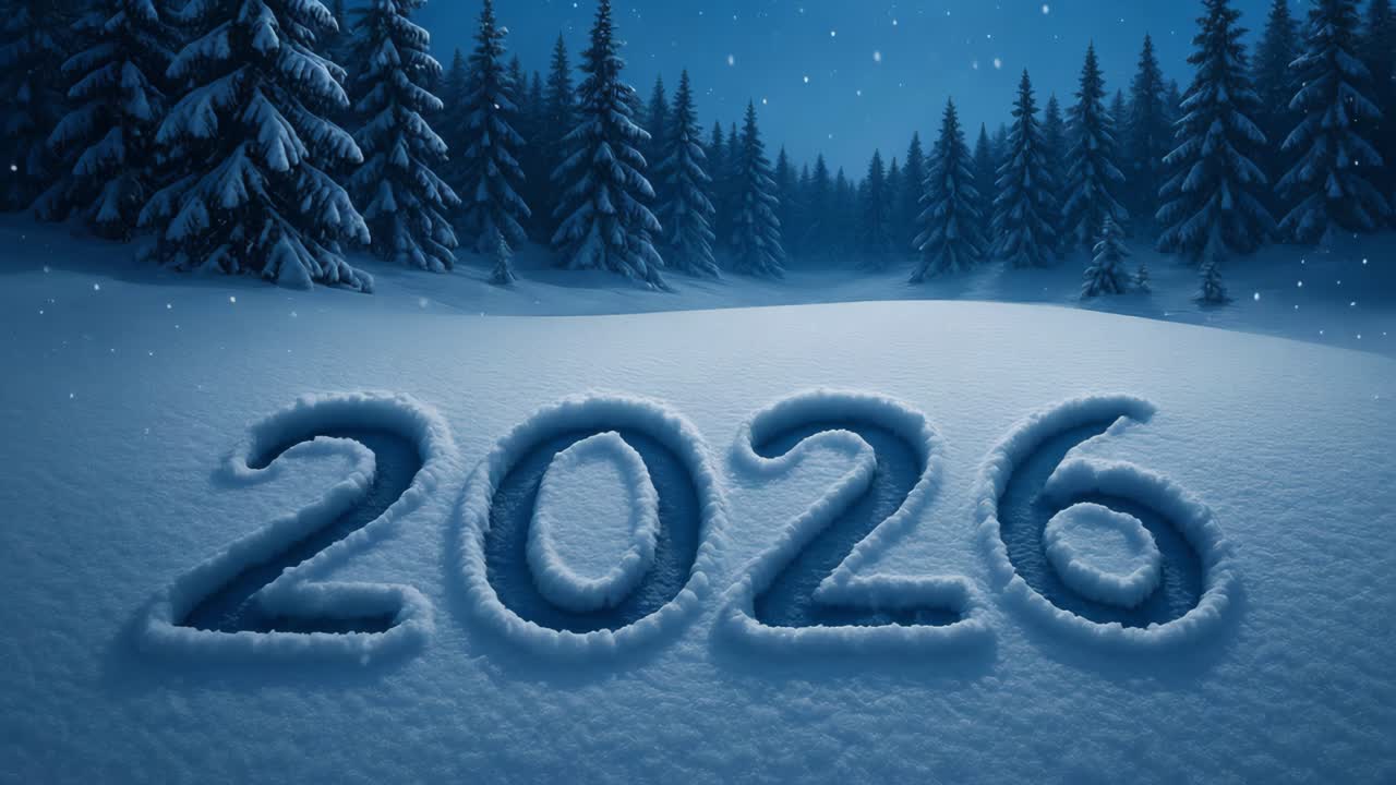 Paesaggio innevato con l'anno 2026 scolpito nella neve, che mostra la serena bellezza dell'inverno