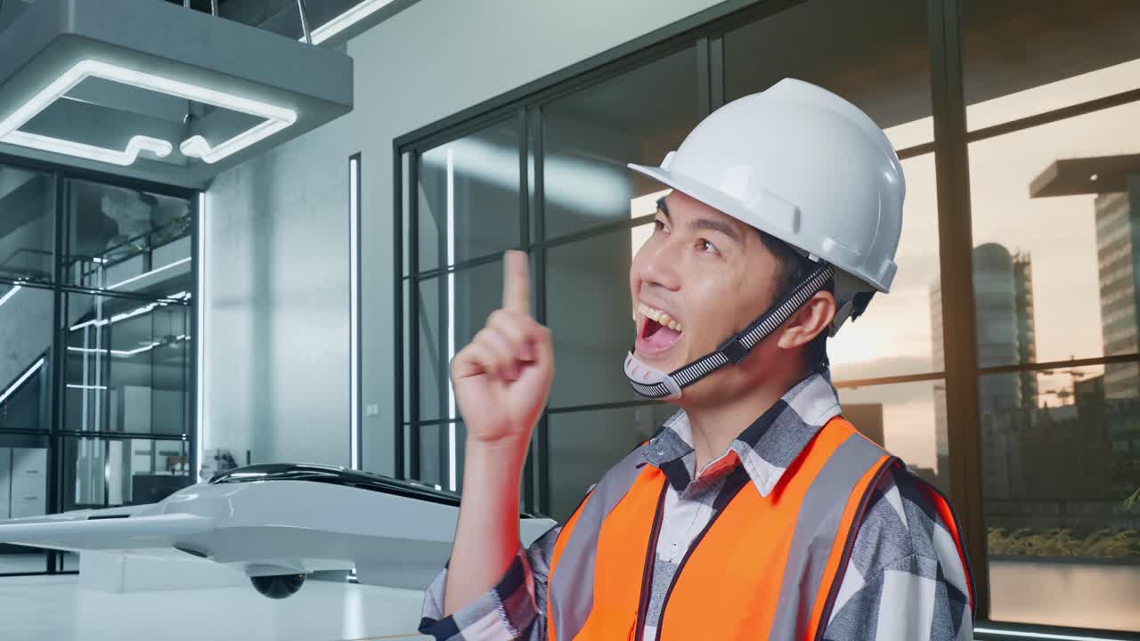 안전 헬을 착용한 아시아 남성 엔지니어가 생각하고 주위를 둘러보며 지표손가락을 올리고 드론 프로젝트에 서 있습니다.