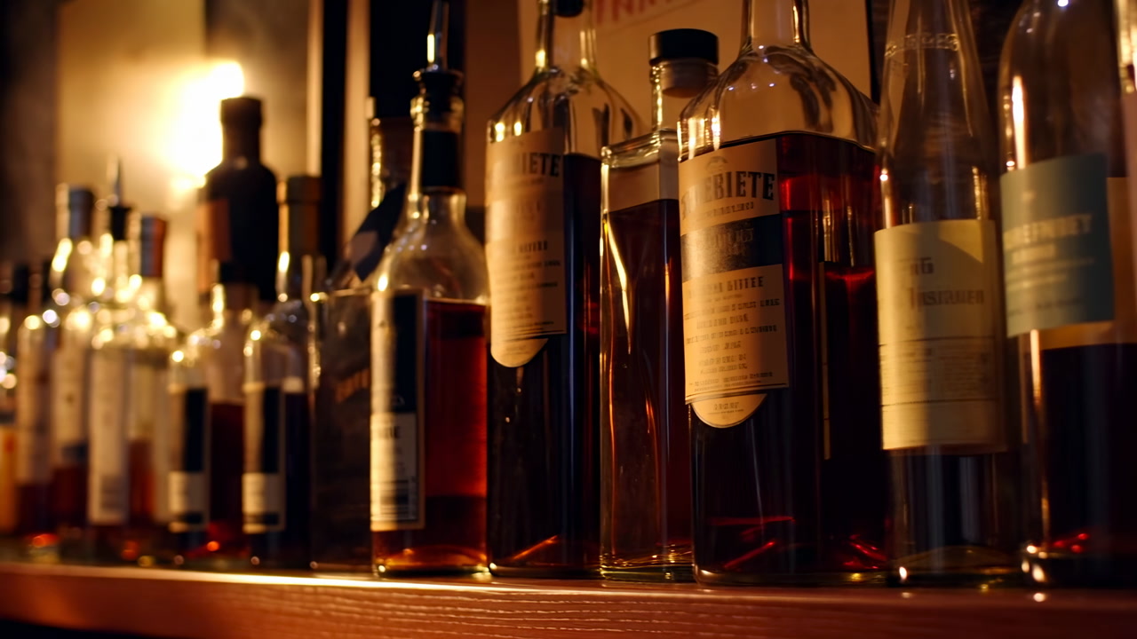 Bottles Whiskey On Backlit Wooden Shelf, Warm Golden Light Casting Reflections On Glass And Amber Liquid,