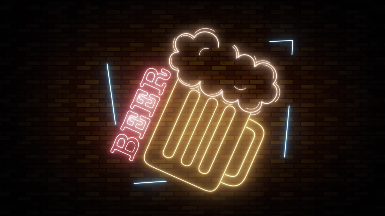 Neon beer sign flickering on a brick wall.