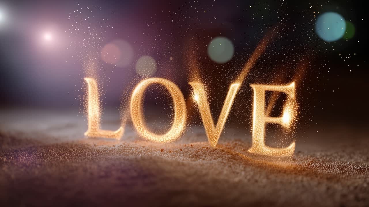 Golden letters spell "LOVE" on sand. Flickering glow surrounds the word. Soft bokeh lights glow behind. Emotion feels warm, sincere, heartfelt. Perfect for romantic, wedding, or emotional themes