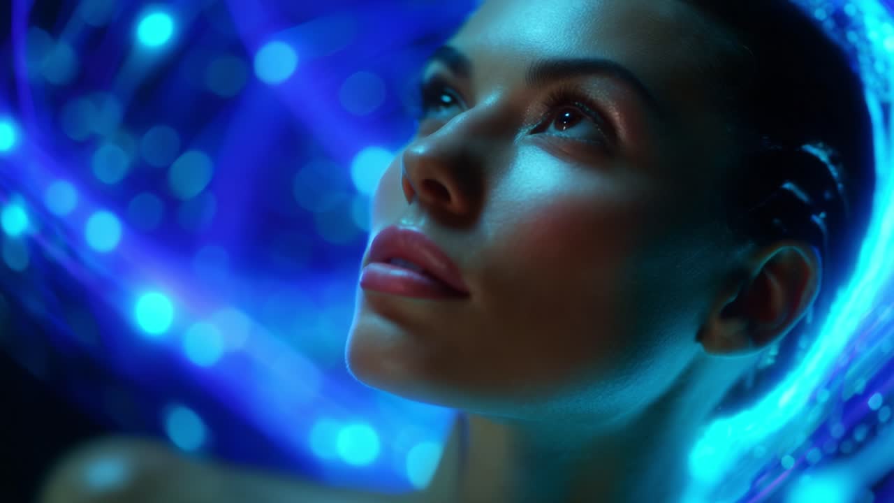 A contemplative gaze into the digital ether as a woman gazes upward, illuminated by ethereal blue lights, representing a fusion of technology and human emotion in a mesmerizing visual encounter