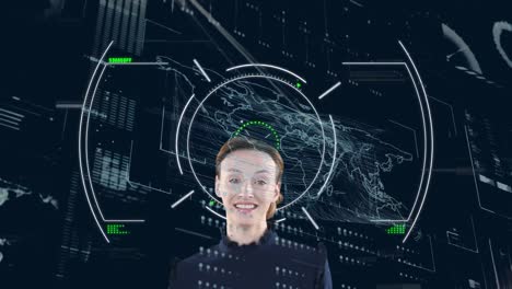 animación del alcance y el procesamiento de datos financieros sobre la mujer de negocios caucásica.
