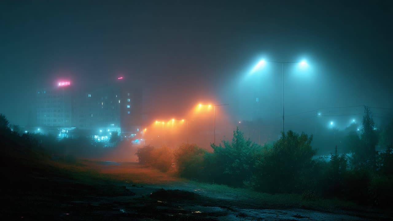 A Captivating Scene of Urban Lights Veiled in Fog: A Journey Through an Enigmatic Night with Illuminated Streets and Distant Structures Shrouded in Mystery