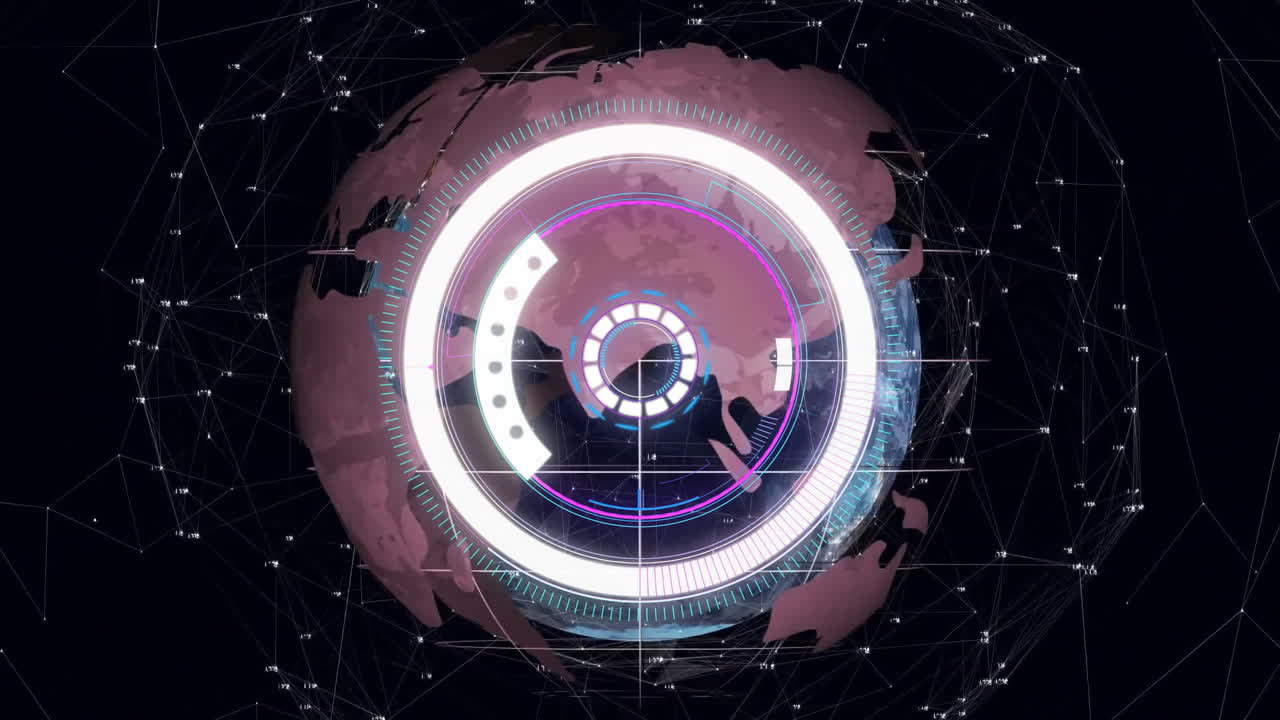 animación de un escáner circular que procesa datos sobre el globo y la red sobre un fondo negro