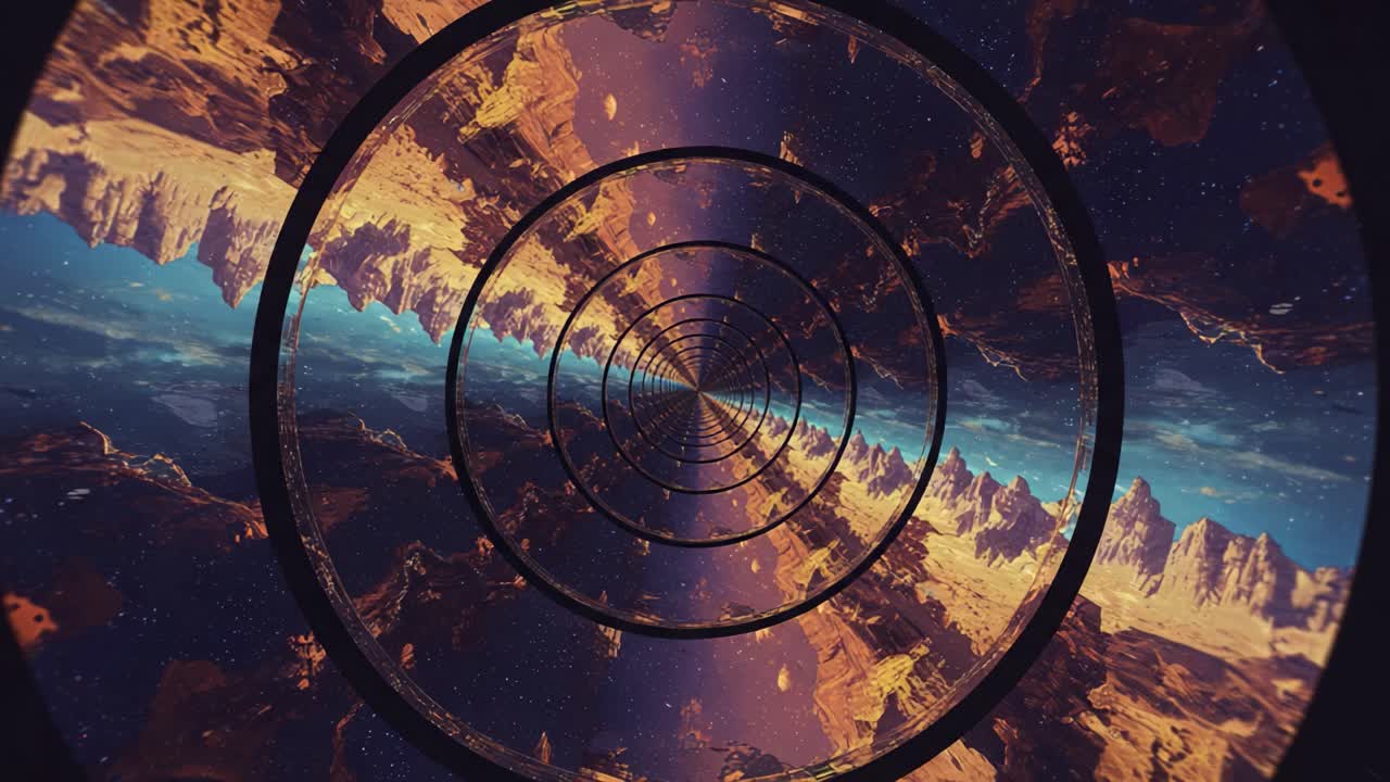 A Stunning Visual Journey Through an Infinite Space Tunnel: Explore a Mesmerizing Landscape Surrounded by Otherworldly Rock Formations and Cosmic Skies