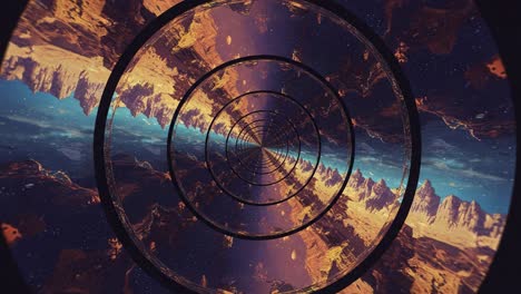 a stunning visual journey through an infinite space tunnel: explore a mesmerizing landscape surrounded by otherworldly rock formations and cosmic skies