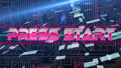 digital animation of press start text over neon banner against microprocessor connections