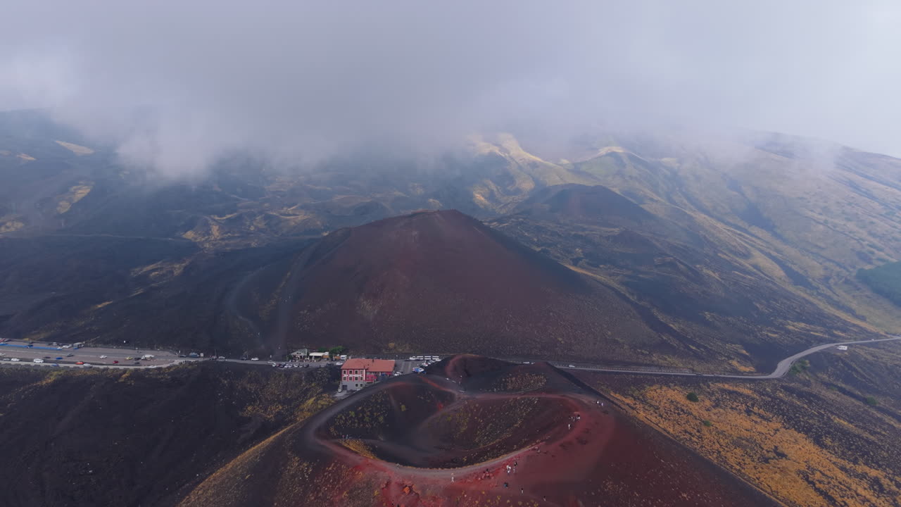 Aerial view of Mount Etna in Sicily under cloudy skies