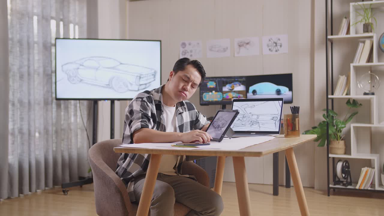 아시안 남성이 머리가 아파서 새로운 자동차 디자인 컨셉을 그리는 동안 tv와 컴퓨터 디스플레이 3d 전기 자동차 모델을 가진 스튜디오에서 태블릿에