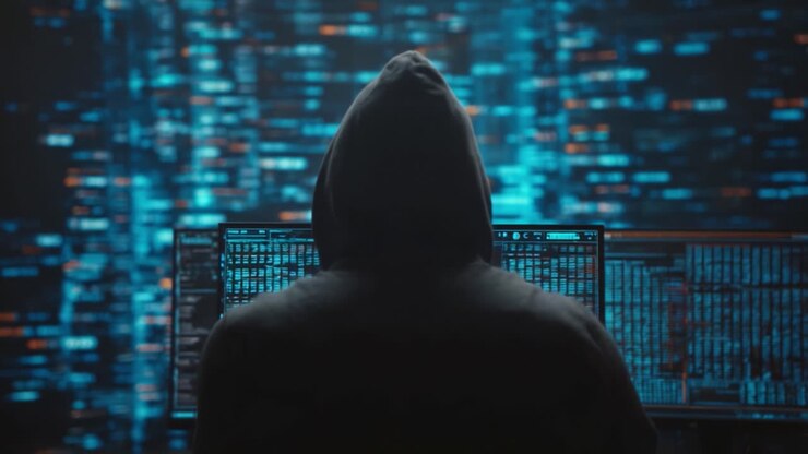 Una figura misteriosa impegnata in un'analisi dati complessa tra una moltitudine di flussi di codice digitale colorati, che mostra le complessità degli ambienti di cybersecurity