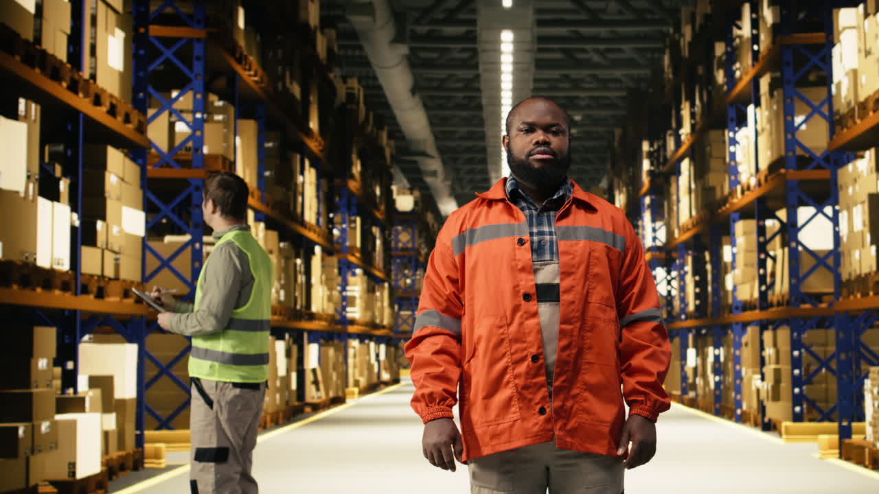 Portrait of black employee monitoring cargo in warehouse logistics hub