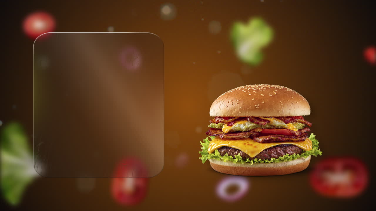 Bacon cheeseburger and guacamole food ad with motion-blurred background - left glass screen lets you type offers, name or pricing