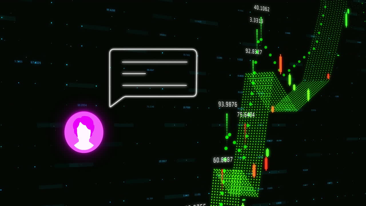 Animation of chat bubble and user icon over digital stock market data in school