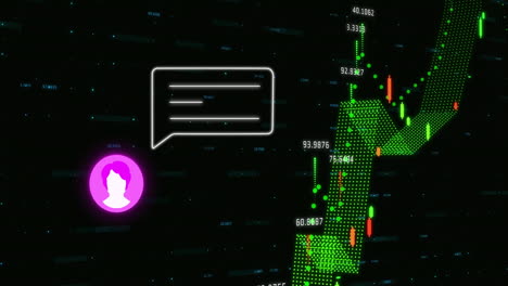 animation of chat bubble and user icon over digital stock market data in school