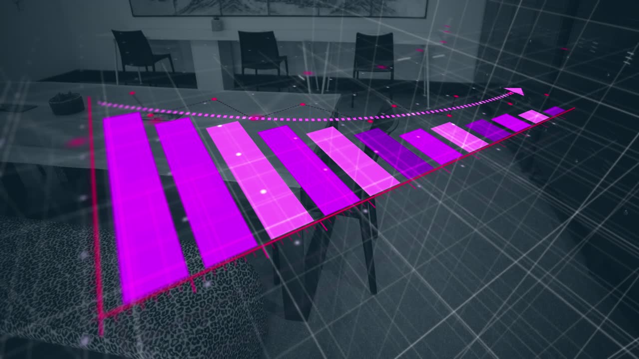Animation of bar graph with arrow downgrading over empty chairs and tables arranged in office