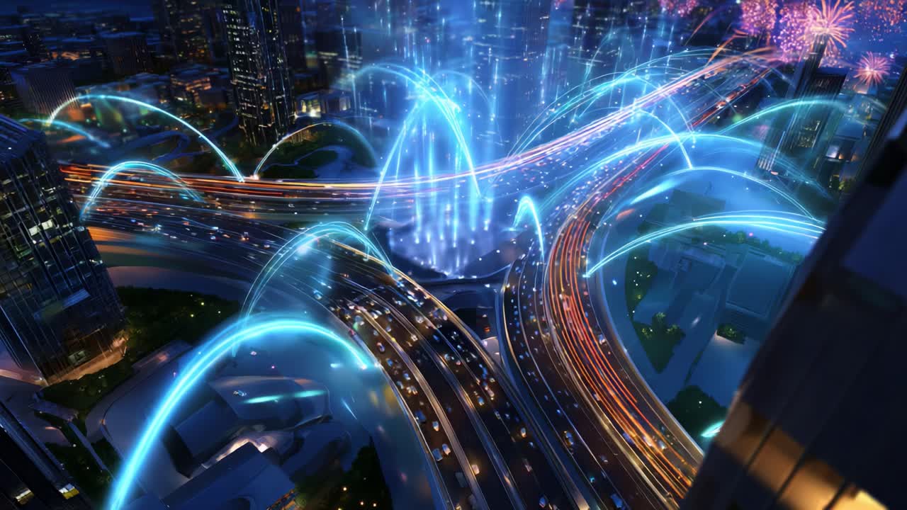 Una splendida vista notturna che cattura l'energia vibrante di un paesaggio urbano moderno, con dinamici giochi di luce, fontane d'acqua e festosi fuochi d'artificio che illuminano lo skyline urbano in una squisita sinfonia visiva