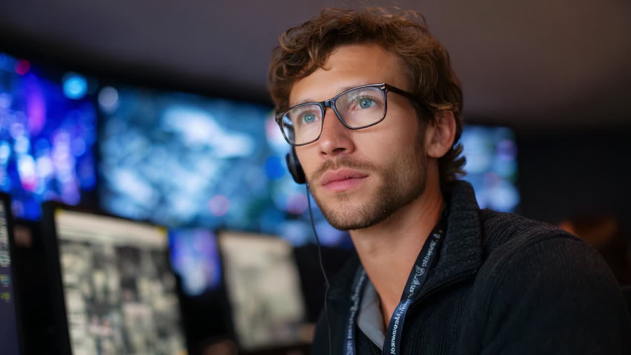 Focused Operator Monitoring Displays in a Control Room, Engaged in Complex Task with Multiple Screens Showing Data and Graphics in a High-Tech Environment