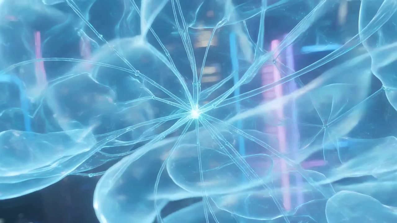 Moving camera forward hologram brain rotating, revealing core synapse and filaments over neon city