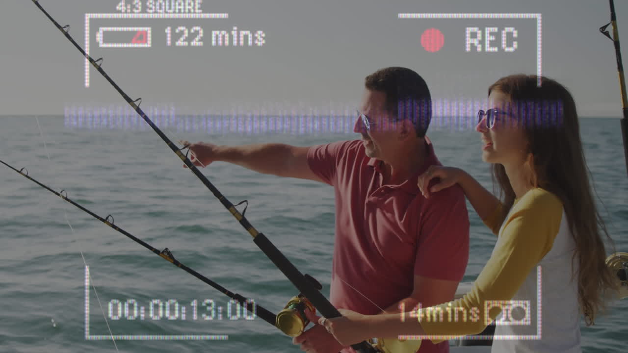 행복한 아버지와 딸이 배에서  ⁇ 시를 하는 동영상 녹화 인터페이스의 애니메이션