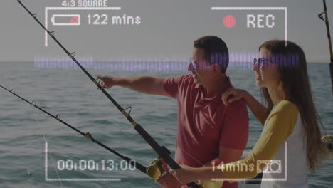 animation of video recording interface, with happy father and daughter on boat fishing in the sun