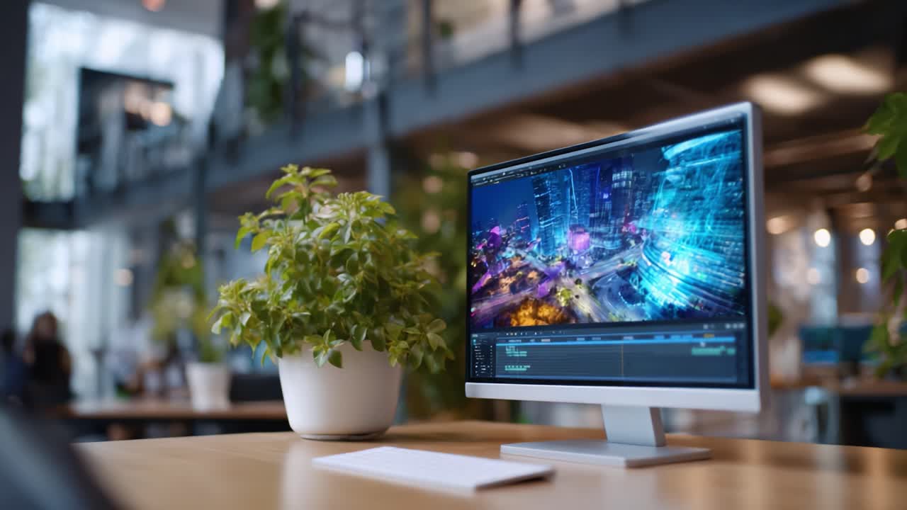 Area di lavoro in un ufficio moderno con un computer che mostra immagini dinamiche urbane e una pianta decorativa in un ambiente collaborativo e luminoso