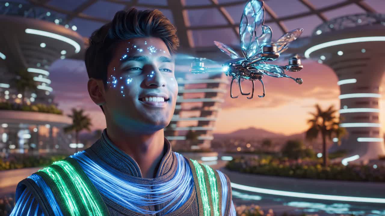 Futuristic Cityscape with Man and Butterfly Drone