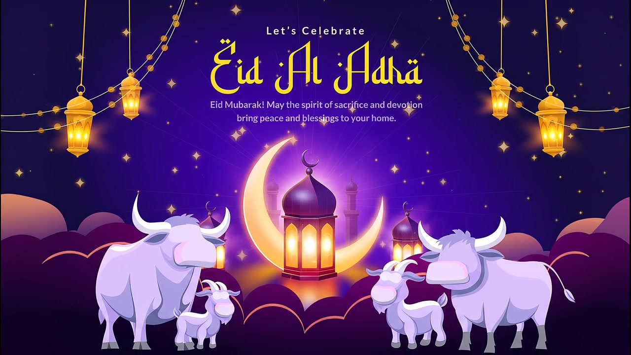 Animazione banner celebrazione Eid Al Adha con mucche, lanterne, luna crescente e sfondo di moschea luminosa.