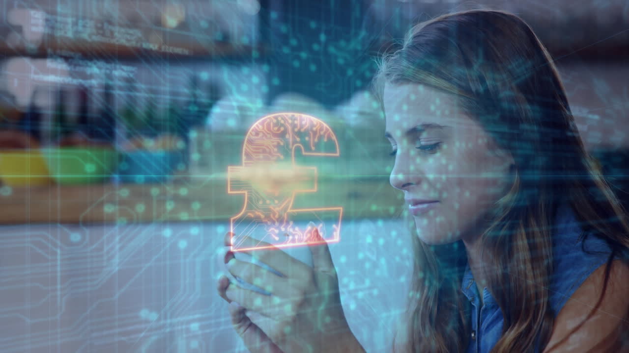woman holding coffee mug closing eyes, showing finance data grid with holographic pound symbol