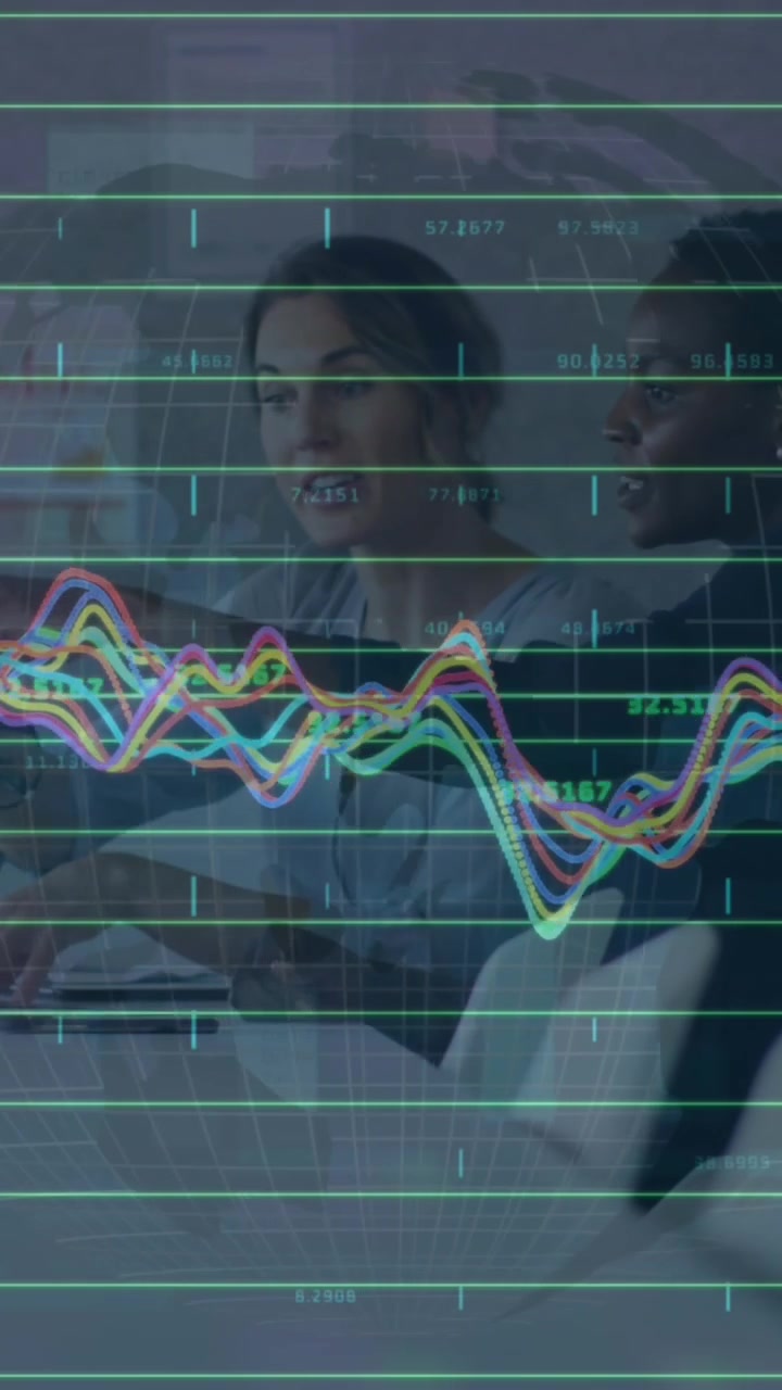 Animation of statistics and financial data processing over diverse business people working in office