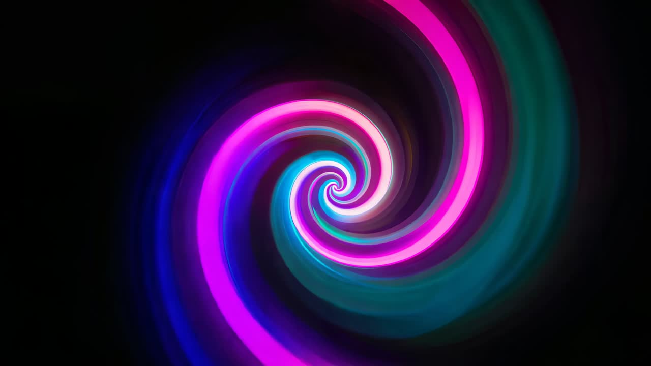 Rotating neon vortex starting frame1, opening through five frames in void for looping, pulsing core