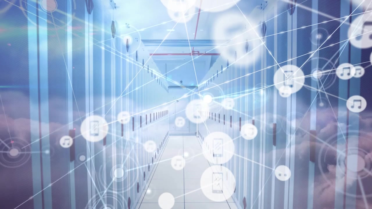 コンピューターサーバーを介したアイコンと接続ネットワークのアニメーション